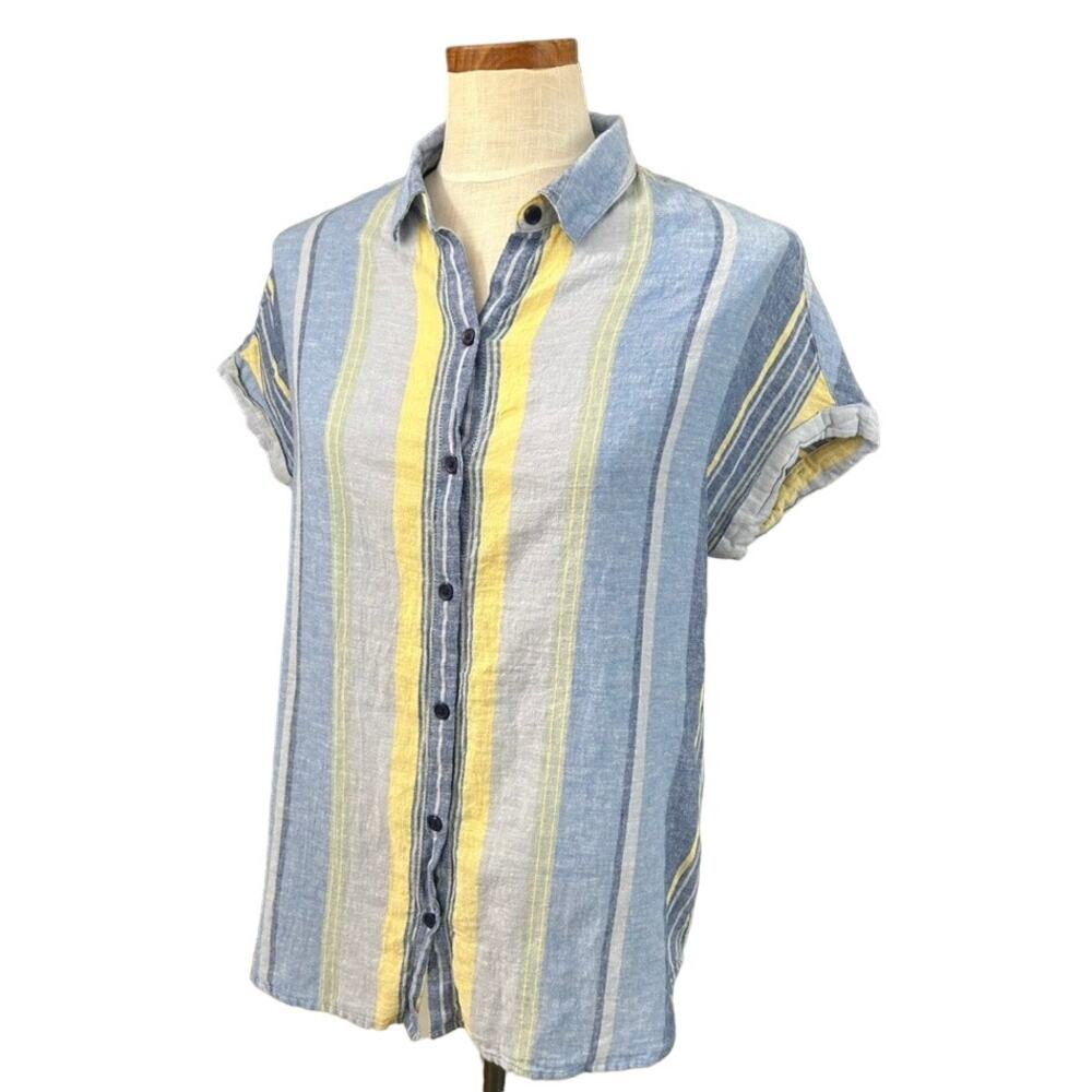 Anthropologie beachlunchlounge Linen Stripe Shirt XS Blue Yellow Coastal Boho